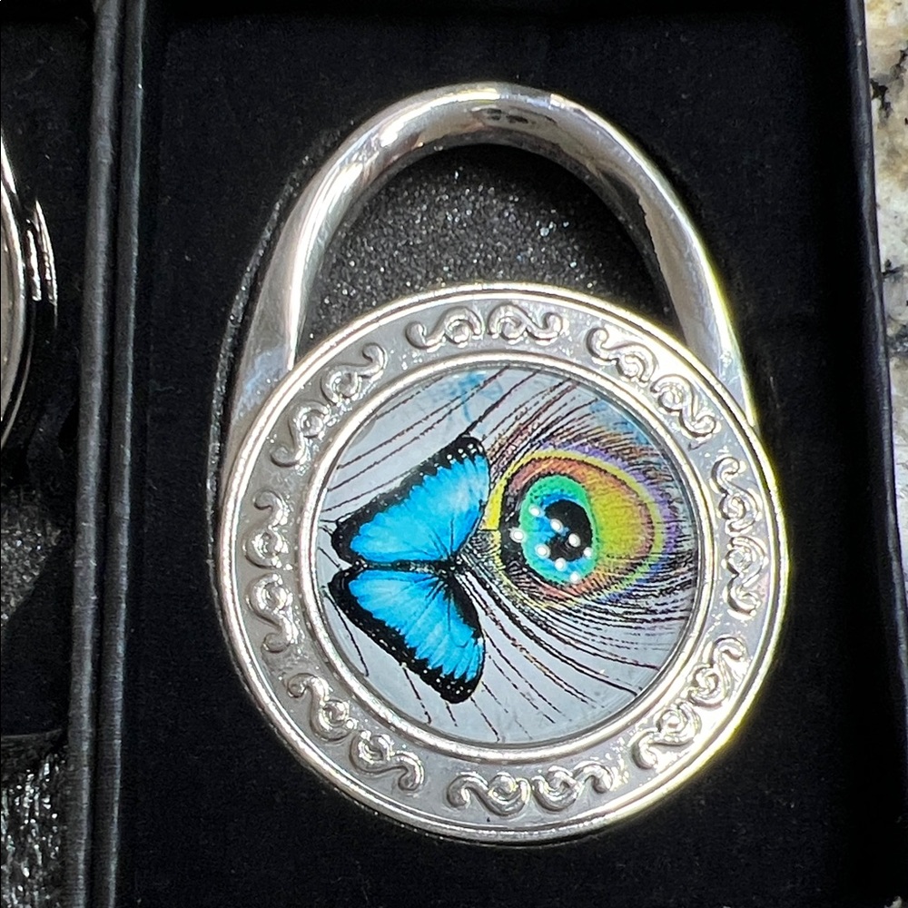 Silver Peacock Feather and Butterfly Purse Hook